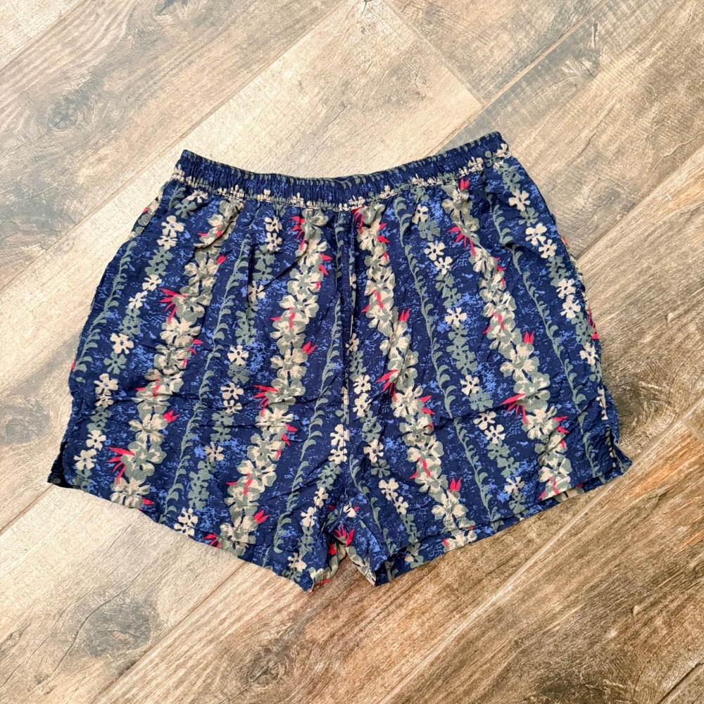Laguna Mens Vintage Tropical Floral Lei 3" Swim Trunks,‎ Navy Tan, L